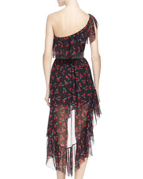 Shoulder Cherry-Print Silk Dress