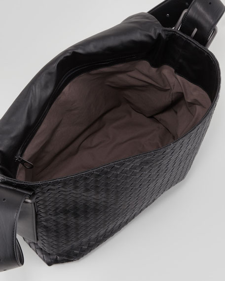 Bottega Veneta Men's Woven Flap Messenger Bag, Black