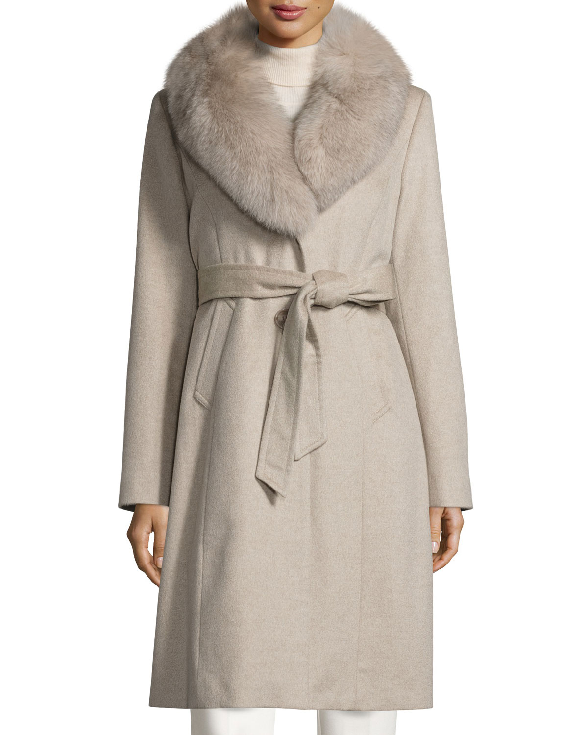 Sofia Cashmere Fur-Collar Wrap Coat 
