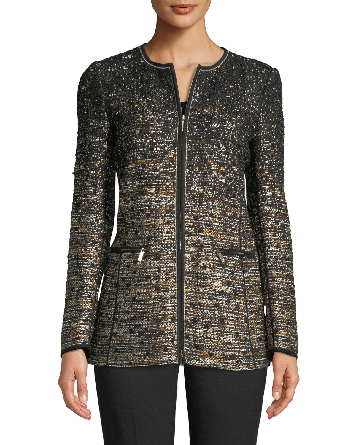 Karina Zip-Front Tweed Jacket w 