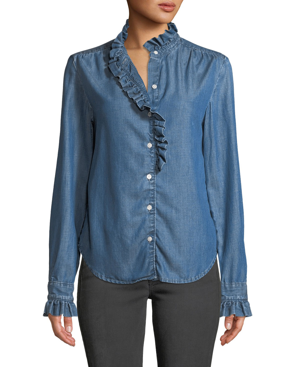 FRAME Ruffle Button-Front Denim Shirt 