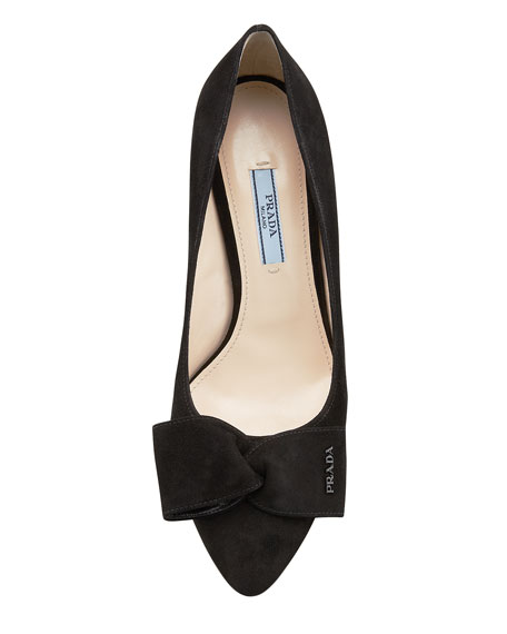 Prada Suede Block-Heel Bow Pump, Black