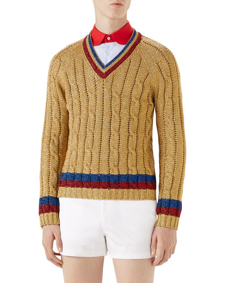 Gucci Metallic Cable-Knit V-Neck 