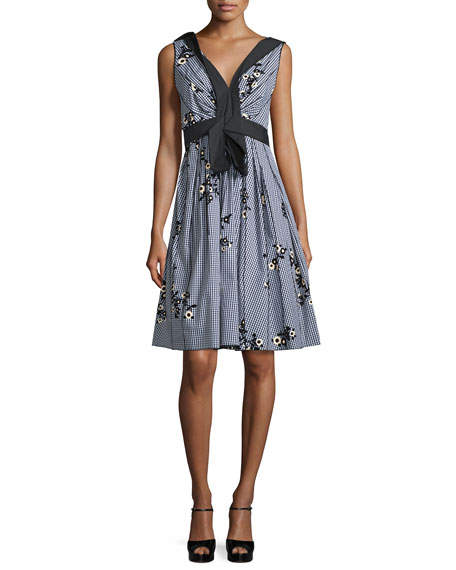 Marc Jacobs Floral Gingham V-Neck Dress, Black/Multi