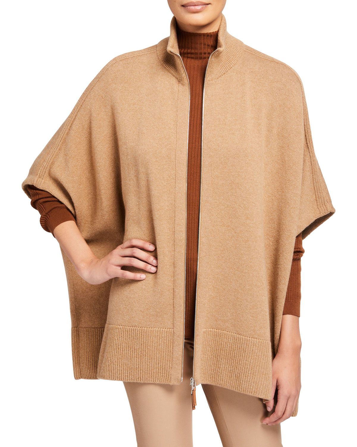 Zip-Front Cashmere Poncho 